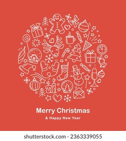 Merry Christmas Happy New Year background pattern Greeting Card. Vector illustration doodles, thin line art sketch icons style concept. White and red colours, Circular Design