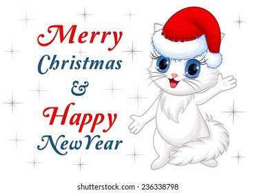 Merry Christmas & Happy New Year card with cute cat