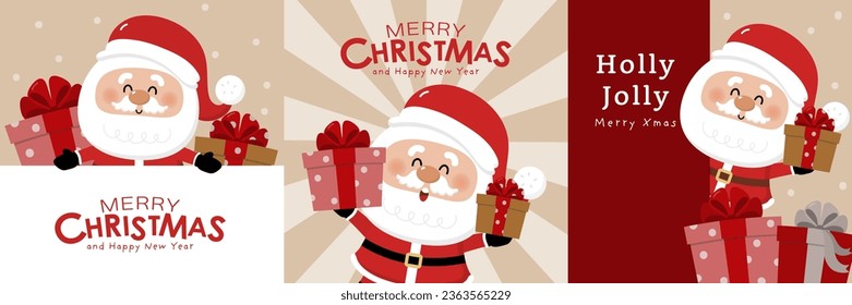 Merry Christmas and happy new year greeting card with cute Santa Claus and gifts. Holiday cartoon characters set. -Vector