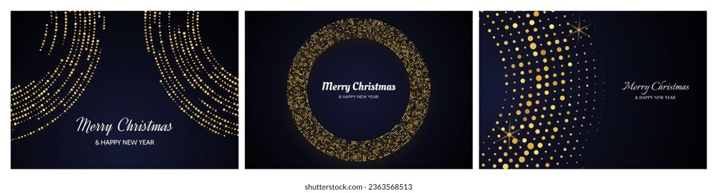 Merry Christmas and Happy New Year backdrops with gold glitter pattern in circle form. Set of abstract gold glowing halftone dotted backgrounds for Christmas holiday greeting card on dark background