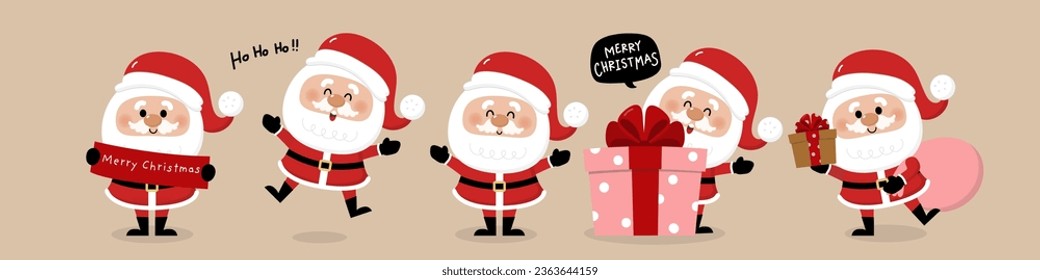 Feliz Navidad y feliz tarjeta de saludo de año nuevo con la linda colección de Papá Noel. Juego de personajes de caricatura de vacaciones. -Vector