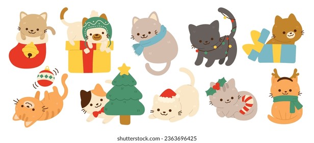 Merry christmas and happy new year concept background vector. Collection drawing of cute cats with decorative scarf, ribbon, hat. Design suitable for banner, invitation, card, greeting, banner, cover.