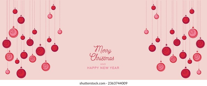 Merry Christmas and Happy New Year  background.  Vector hand drawn Christamas balls. Horizontal  border with text space. Suitable for email header, post in social networks, advertising