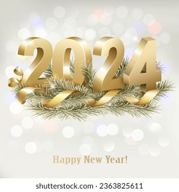 Merry Christmas and Happy New Year 2024. Golden 3D numbers with gold ribbon and branch of christmas tree. Vector