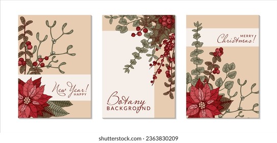 Merry Christmas and Happy New Year vertical greeting card with hand drawn poinsettia flower and mistletoe brunch. Festive colorful background. Vector illustration in sketch style