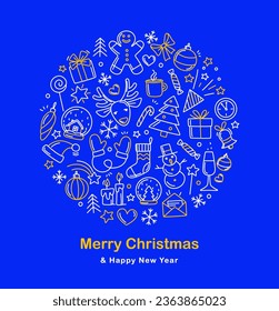 Merry Christmas Happy New Year background pattern Greeting Card. Vector illustration doodles, thin line art sketch icons style concept. Electric Blue, white and yellow colours Circular Design
