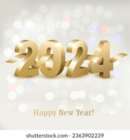 Merry Christmas and Happy New Year 2024. Golden 3D numbers with gold ribbon. Vector