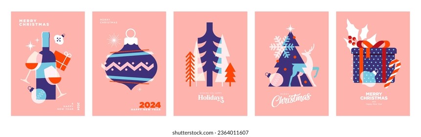 Merry Christmas and Happy New Year. Set of vector illustrations for background, greeting card, party invitation card, website banner, social media banner, marketing material.