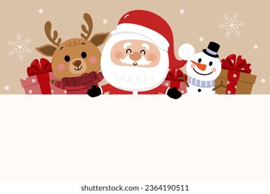 Merry Christmas and happy new year greeting card with cute Santa Claus, deer and gift box. Holiday cartoon character in winter season. -Vector