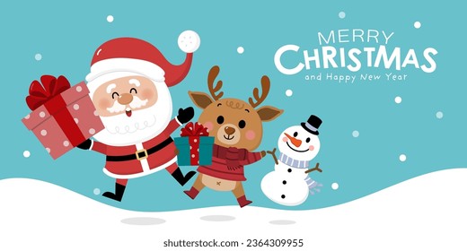 Merry Christmas and happy new year greeting card with cute Santa Claus, deer, snowman and gift box. Holiday cartoon character in winter season. -Vector