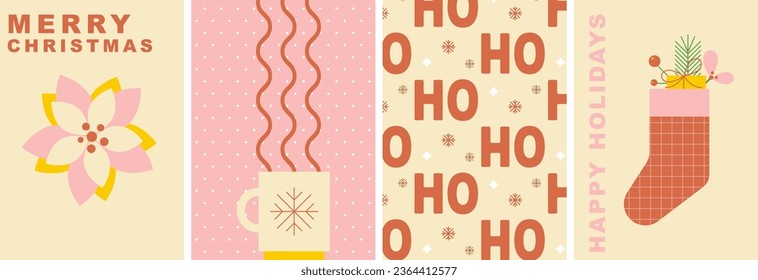 Merry Christmas and Happy New Year vector illustration. Set of cartoon Xmas cards, tags. Winter warm drink and steam. Christmas sock with gift. Flat trendy abstract style. Noel. Poster, cover, banner