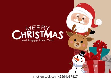 Merry Christmas and happy new year greeting card with cute Santa Claus, deer, snowman and gift box. Holiday cartoon character in winter season. -Vector