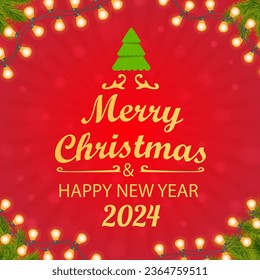 Merry Christmas and Happy New Year 2024.Christmas promotion.Decoration light garlands.Red background with decoration.Greeting card.Vector realistic illustration.Winter holiday.