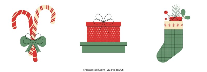 Merry Christmas and Happy New Year vector illustration. Set of cartoon Xmas elements and symbols. Candy canes. Presents. Gift box. Christmas sock. Flat trendy abstract style. Noel. Scandinavian design