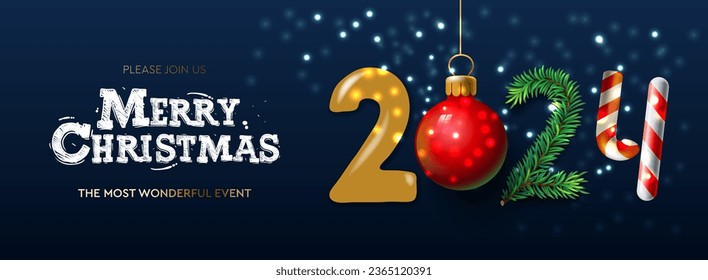 Merry Christmas and Happy New Year 2024 banner, Xmas festive decoration. Horizontal Christmas posters, cards, headers, website, vector illustration