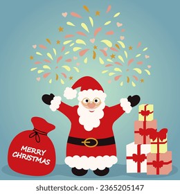 Merry Christmas and Happy New Year. Set of Santa Claus with cartoon character with Christmas tree, fevek, gift and gift bag for Christmas. Vector illustration on background, EPS 10..