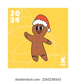 Merry Christmas and Happy new year groovy character. On trendy style with a 70's vibes. Vector illustration