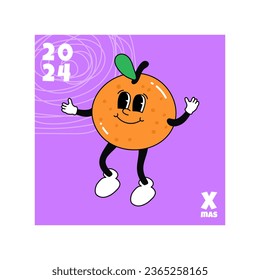 Merry Christmas and Happy new year groovy character. Hippie groovy poster with orange. On trendy style with a 70's vibes. Vector illustration