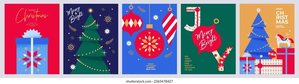 Merry Christmas and Happy New Year greeting card Set. Modern Xmas design with typography and beautiful geometric snowflakes, Christmas tree, balls and gifts. Minimal banner, poster, cover templates.