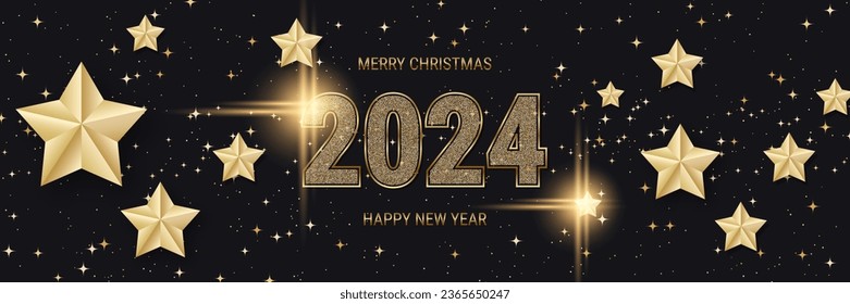 Merry Christmas and Happy New Year 2024 vector illustration. Black background with stars and snowflakes. Banner, invitation card, coupon, web header template