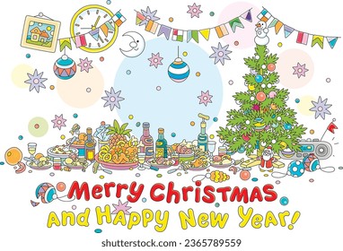 Merry Christmas and happy New Year card with a festive table full of tasty food, sweets, drinks and a decorated fir tree with gifts for long winter holidays, vector cartoon illustration