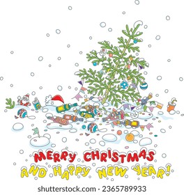 Merry Christmas and happy New Year card with a green fir tree decorated with toys, balls and garlands among empty wine bottles on snow after merry winter holidays, vector cartoon