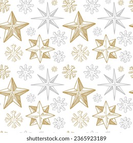 Merry Christmas and Happy New Year seamless pattern with golden hand drawn stars and snowflakes. Festive background. Vector illustration in sketch style