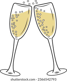 Merry Christmas and Happy New Year. Two sparkling glasses of champagne. Vector illustration of two design elements, eps 10