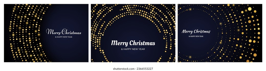 Merry Christmas and Happy New Year backdrops with gold glitter pattern in circle form. Set of abstract gold glowing halftone dotted backgrounds for Christmas holiday greeting card on dark background