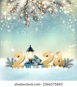 Merry Christmas and Happy New Year Background with 2024 and gift boxes and branches of christmas tree. Vector