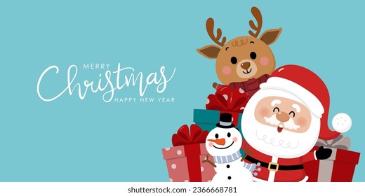 Merry Christmas and happy new year greeting card with cute Santa Claus, deer, snowman and gift box. Holiday cartoon character in winter season. -Vector