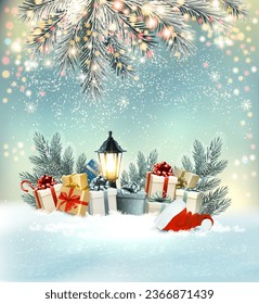 Merry Christmas and Happy New Year Background with 2024 and colorful gift boxes and branches of christmas tree. Vector