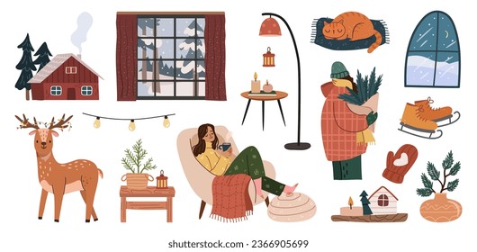 Merry Christmas and Happy New Year winter cozy items and people set. Vector illustration of winter holidays home, big window and reindeer, lamp and male with fur tree, woman resting in armchair