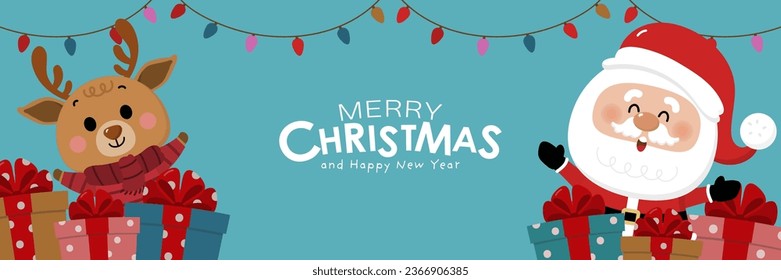 Merry Christmas and happy new year greeting card with cute Santa Claus, deer, snowman and gift box. Holiday cartoon character in winter season. -Vector