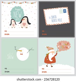 Merry Christmas And Happy New Year greeting cards with calligraphic and typographic wishes and winter elements. Illustration with santa claus, letter, happy penguins and cute and smiling snowman