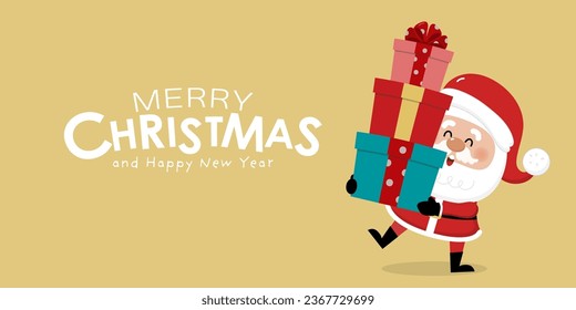 Merry Christmas and happy new year greeting card with cute Santa Claus and gifts. Holiday cartoon characters set. -Vector