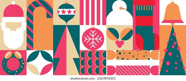 Merry Christmas and happy new year pattern background vector. Decorative elements of snowflake, snowman, santa, wreath. Design for banner, card, cover, poster, advertising.wallpaper, packaging.