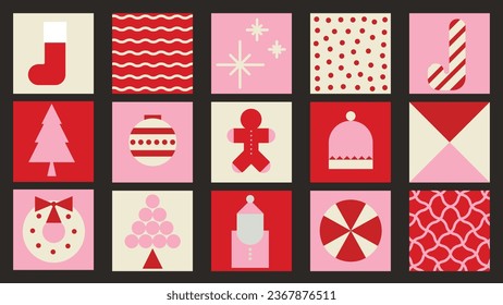 Merry Christmas and happy new year pattern background vector. Decorative elements of tree, bell, candy, wreath, gingerbread. Design for banner, card, cover, poster, advertising.wallpaper, packaging.