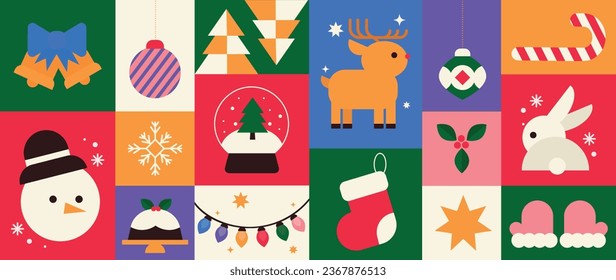 Merry Christmas and happy new year pattern background vector. Decorative elements of snowman, bell, reindeer, rabbit, socks. Design for banner, card, cover, poster, advertising.wallpaper, packaging.