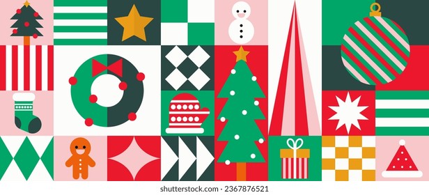 Merry Christmas and happy new year pattern background vector. Decorative elements of gingerbread, wreath, tree, snowman, glove. Design for banner, card, poster, advertising.wallpaper, packaging.