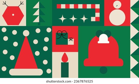 Merry Christmas and happy new year pattern background vector. Decorative elements of tree, bell, hat, candy, reindeer. Design for banner, card, cover, poster, advertising.wallpaper, packaging.