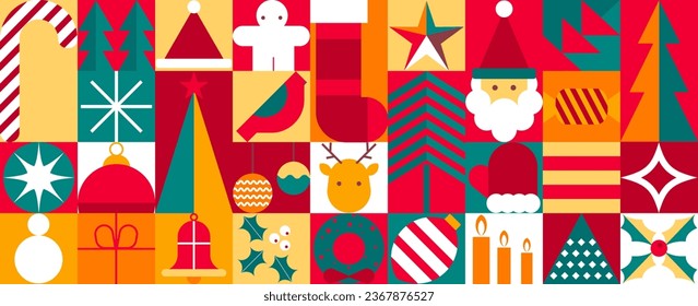 Merry Christmas and happy new year pattern background vector. Decorative elements of snowflake, snowman, bird, santa, wreath. Design for banner, card, cover, poster, advertising.wallpaper, packaging.
