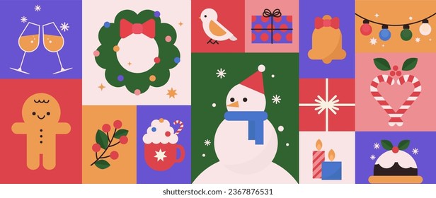 Merry Christmas and happy new year pattern background vector. Decorative elements of snowman, bell, wreath, gingerbread, bird. Design for banner, card, cover, poster, advertising.wallpaper, packaging.