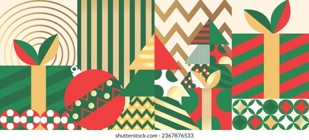 Merry Christmas and happy new year pattern background vector. Decorative elements of tree, bauble, flower, leaf. Design for banner, card, cover, poster, advertising.wallpaper, packaging.