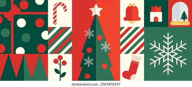 Merry Christmas and happy new year pattern background vector. Decorative elements of bauble, tree, snowflake, socks, candy. Design for banner, card, cover, poster, advertising.wallpaper, packaging.