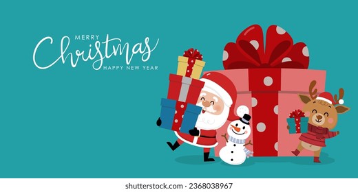 Merry Christmas and happy new year greeting card with cute Santa Claus, deer, snowman and gift box. Holiday cartoon character in winter season. -Vector