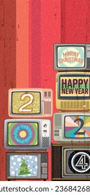 Merry Christmas and Happy New Year 2024 calligraphy broadcasting on vintage televisions with risograph printing effect verticle vector illustration.