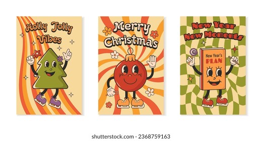 Merry Christmas and Happy New year. Greeting cards, template, posters, prints, party invitations and backgrounds. Red and yellow. Cartoon, groovy, retro 70's, 1970's style. Vector illustration set.