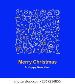 Merry Christmas Happy New Year background pattern Greeting Card. Vector illustration doodles, thin line art sketch icons style concept. Electric Blue, white and yellow colours