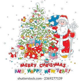 Merry Christmas and happy New Year card with Santa Claus holding his gift bag and a magical staff looking out from behind a decorated fir tree, vector cartoon illustration